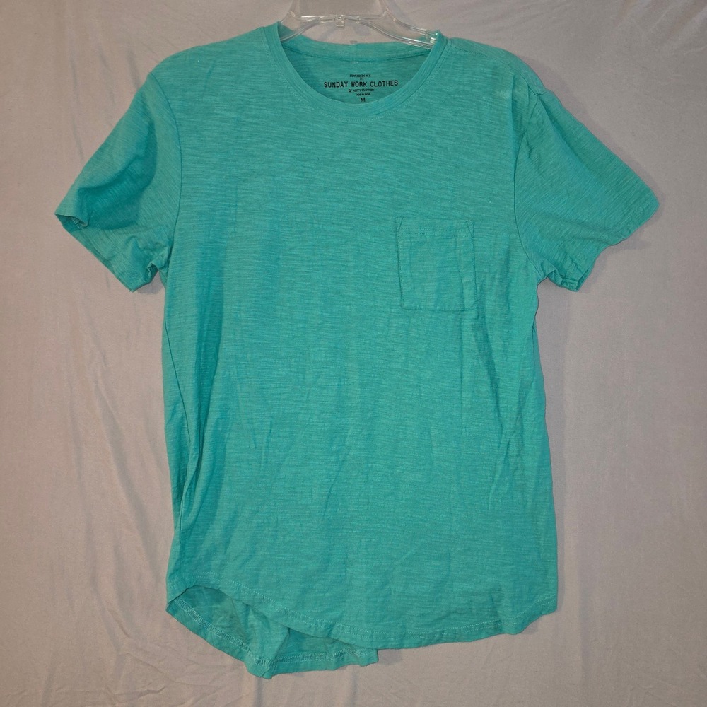 Sunday Work Clothes Pocket Tee Size M Mens Teal Slub Knit Curved Hem Long Length
